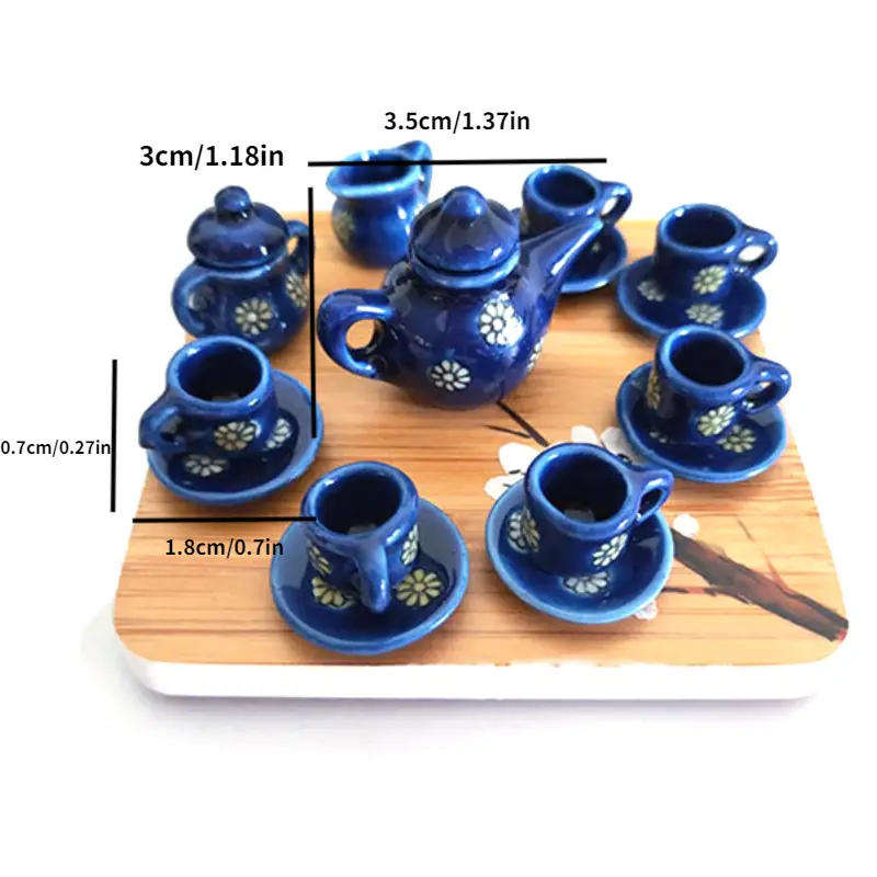 1Set Ceramic 1:12 Scale Doll House Miniature Porcelain Blue Printing Tea Cup Set Tableware Kitchen For Dollhouse Teapot DIY Toys